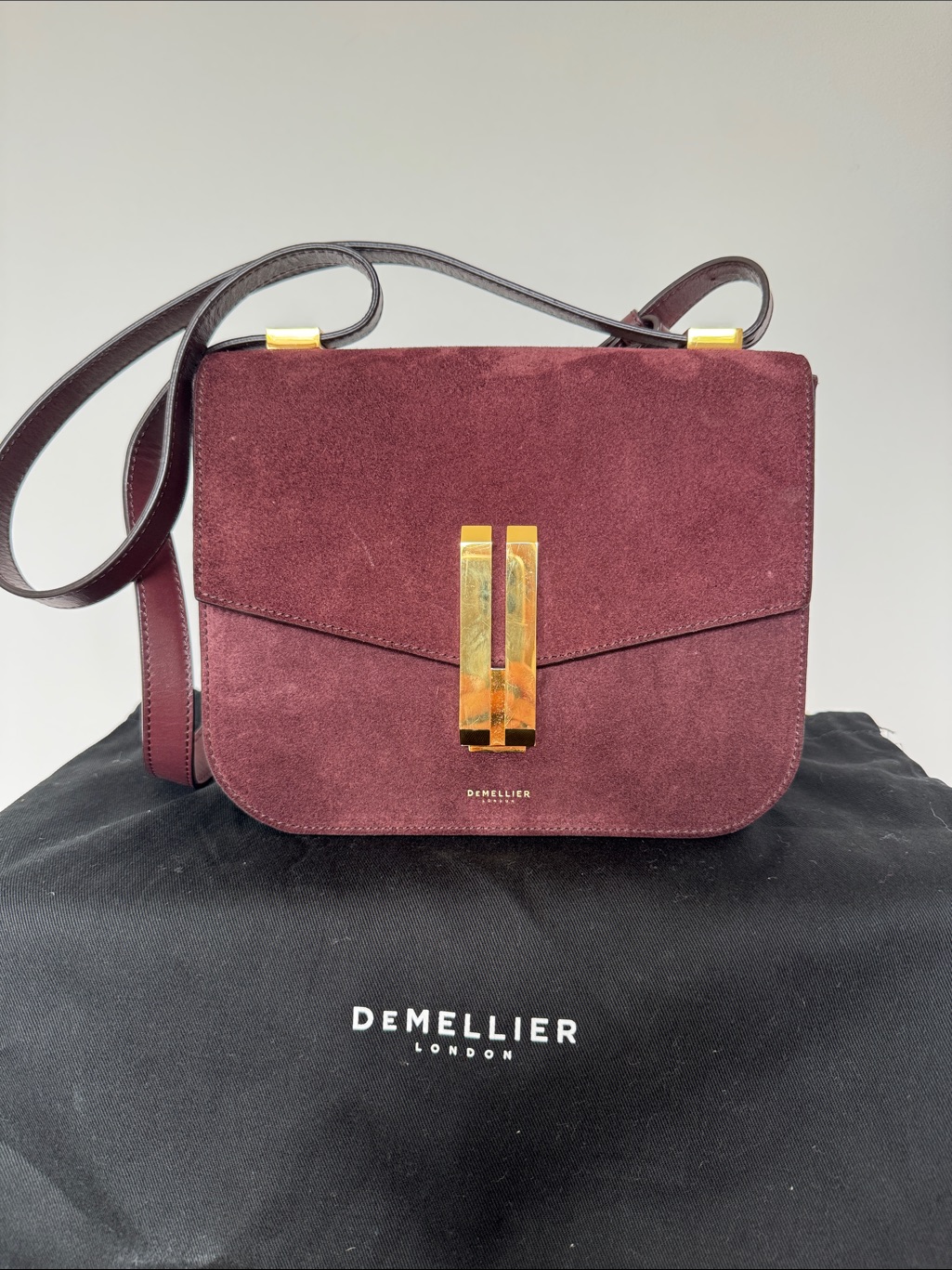 Demellier Wine Burgundy Suede The Vancuver Crossbody With Gold Hardware